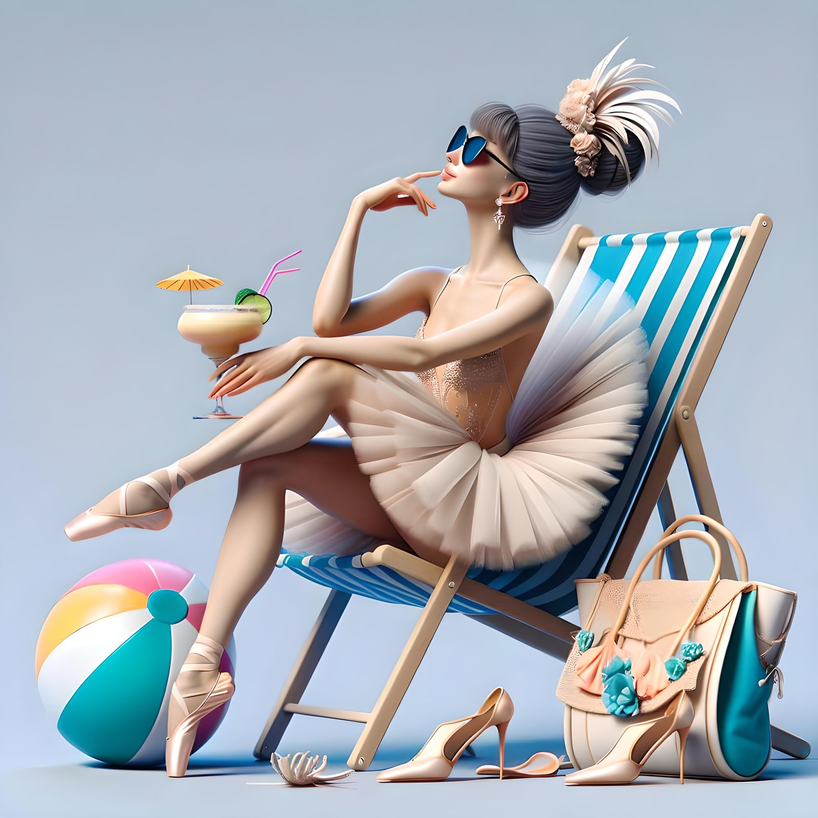 Ballerina's Summer Beach Relaxation in 3D Concept Art