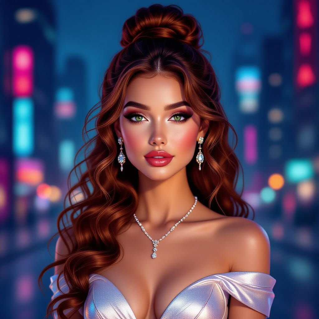 Woman Portrait in Neon Cityscape Digital Art