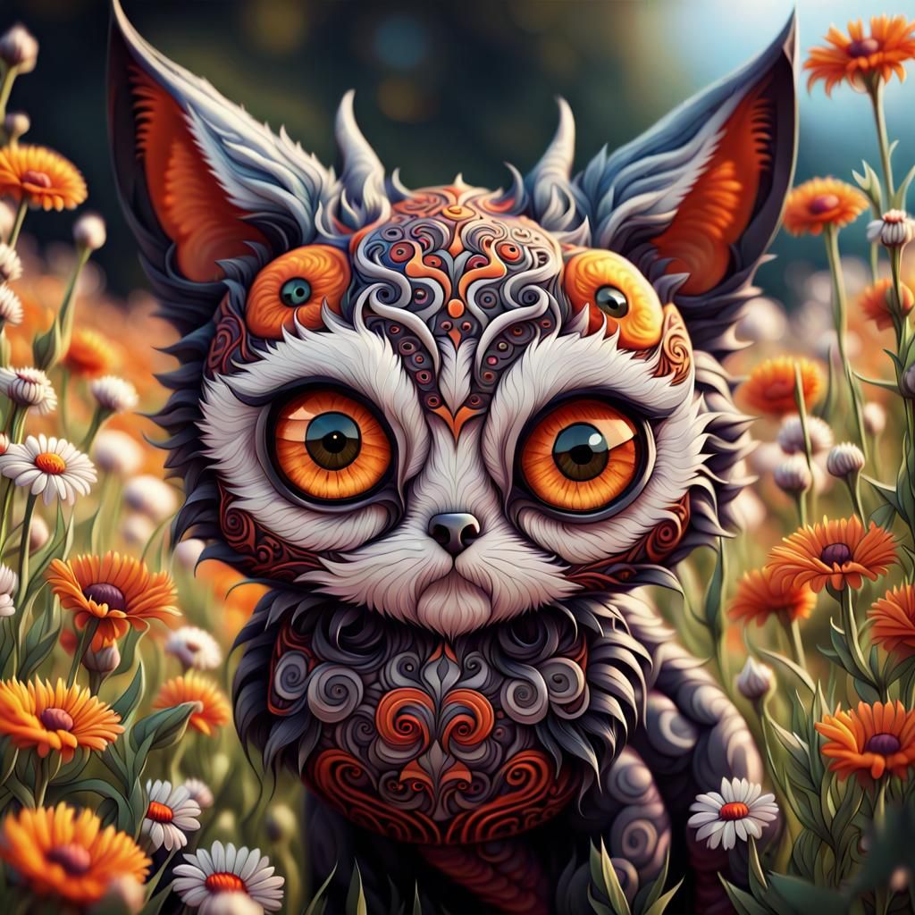 Cute Monster Cat in Flower Field: Fantasy Art