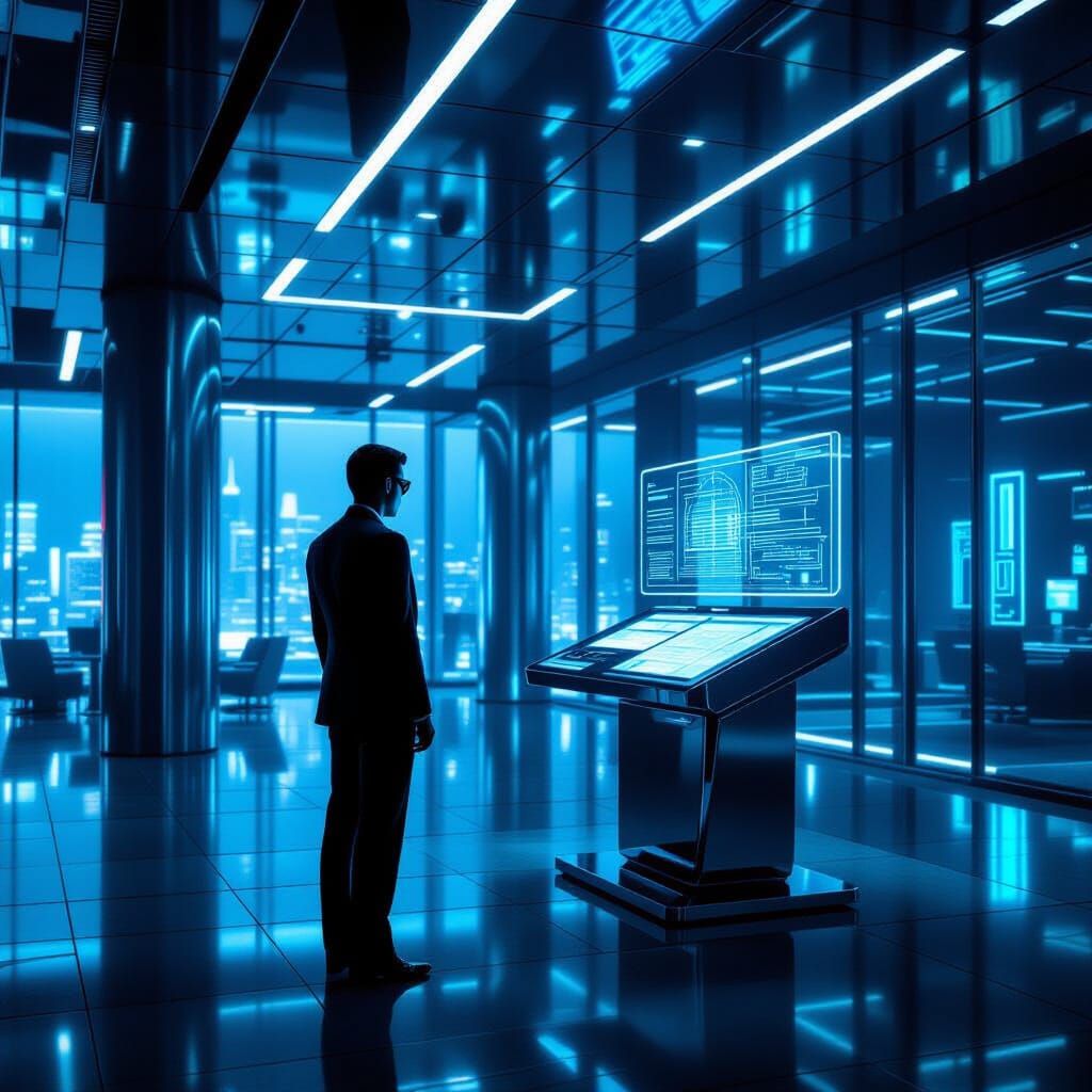 Cyberpunk Office Interior with Lone Figure in Neon Twilight