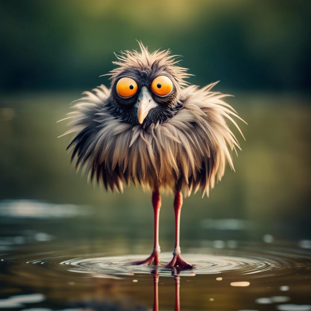Funny Scruffy Bird Portrait in Beautiful Lake