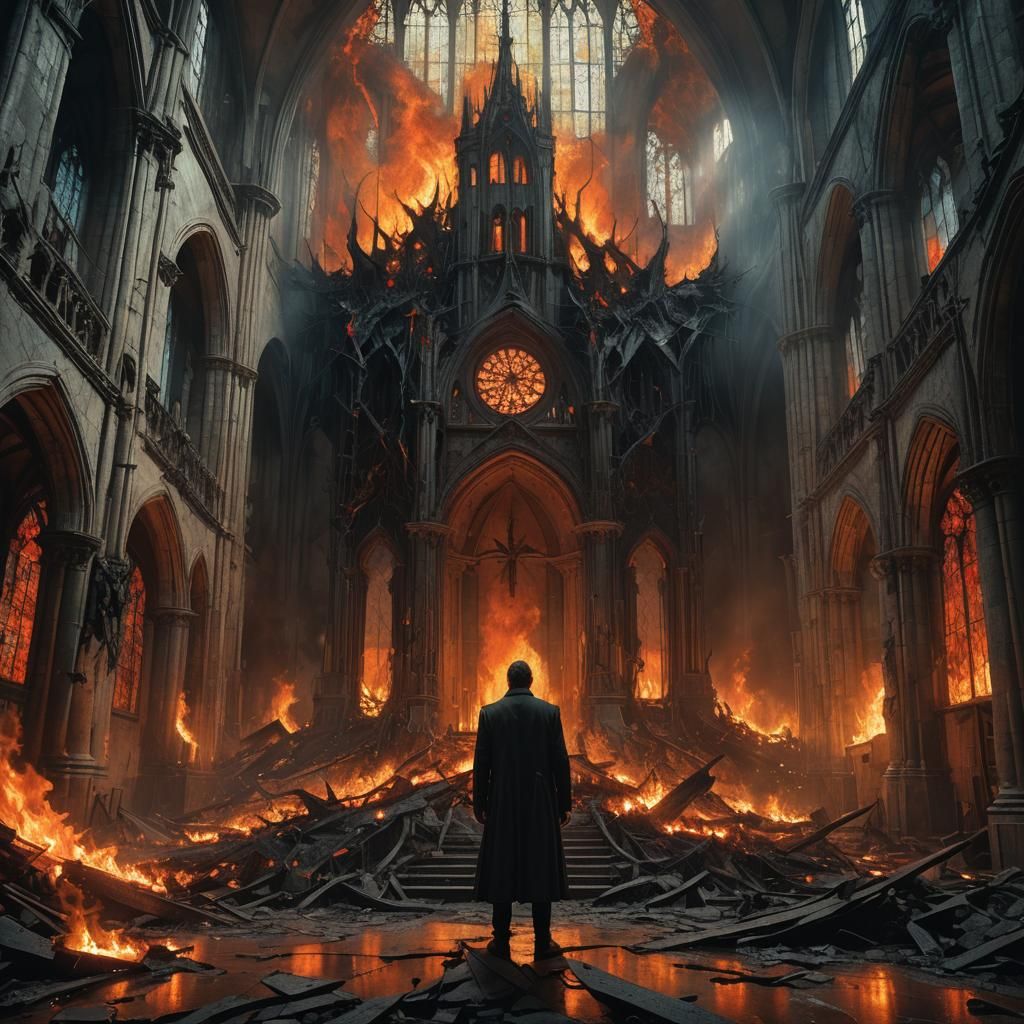 Lucifer in a Burning Gothic Church