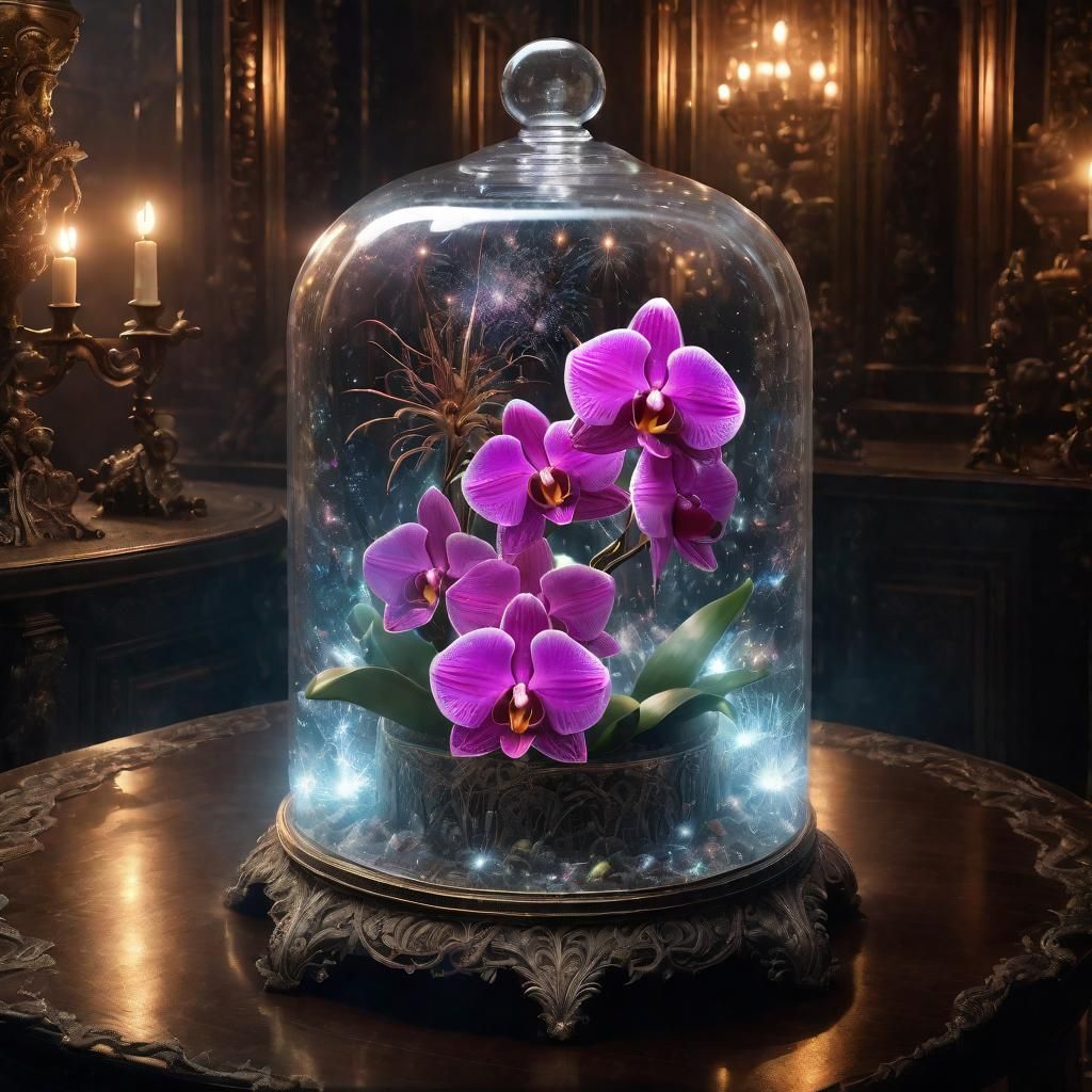 Luminous Orchid in Belljar with Fireworks Display