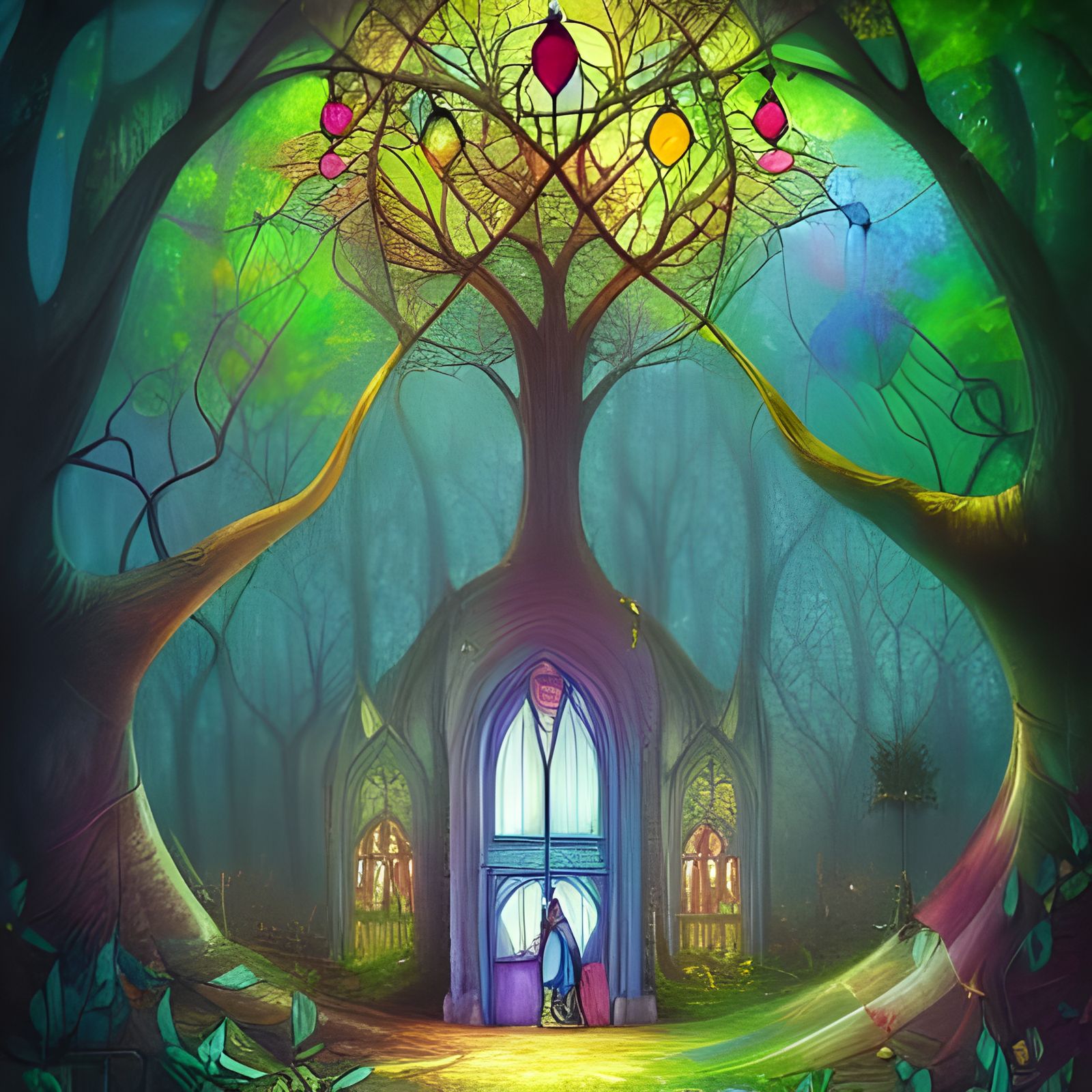 Fantasy Fairy Tree with Stained Glass, Detailed Matte Painti...