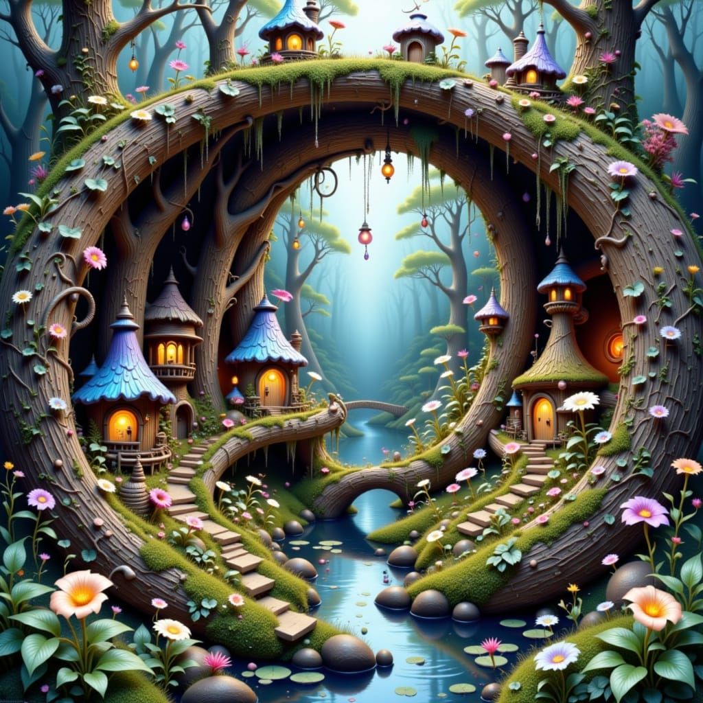 Miniature Fairy Village in Watercolor Style