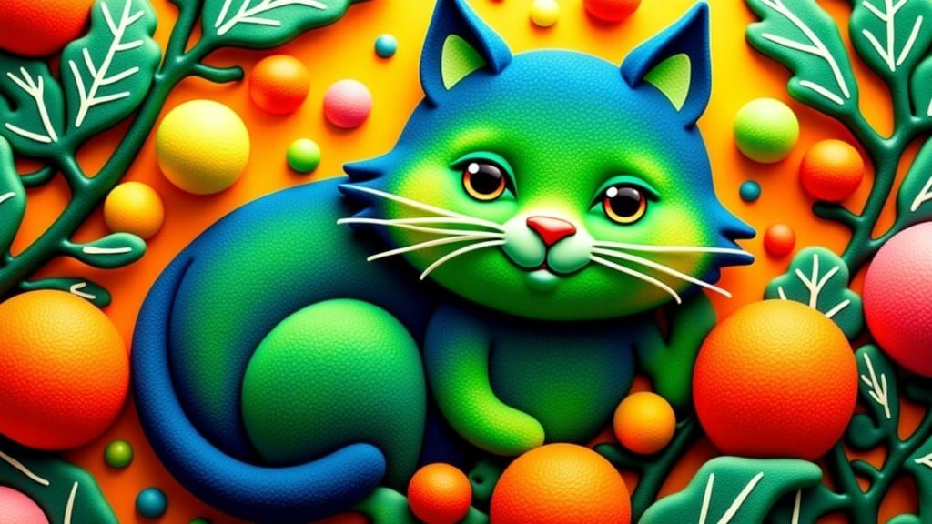 Whimsical Kiwi Cat in Vibrant Foliage