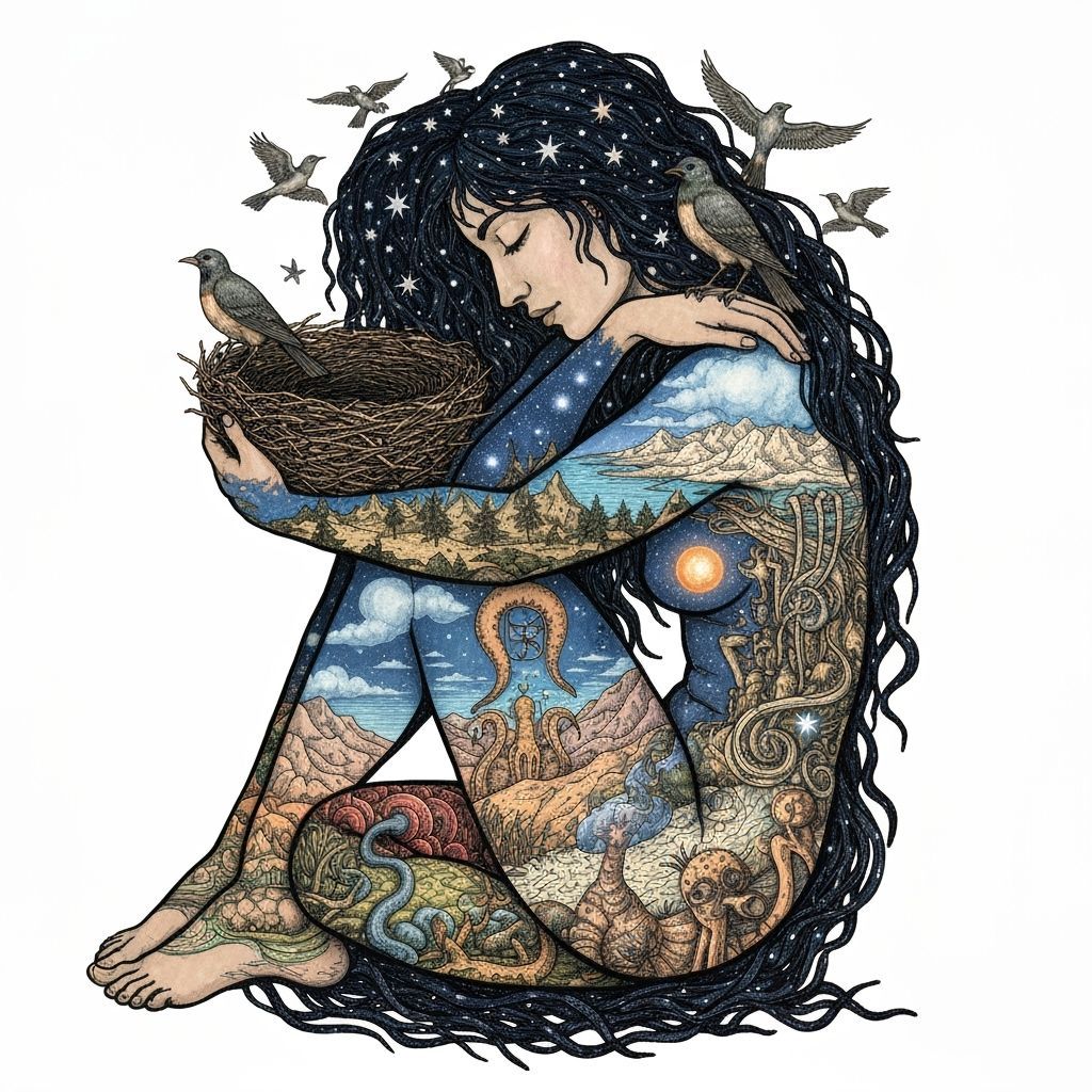 Cosmic Connection: Woman Carries Star Nest, Nature's Embrace