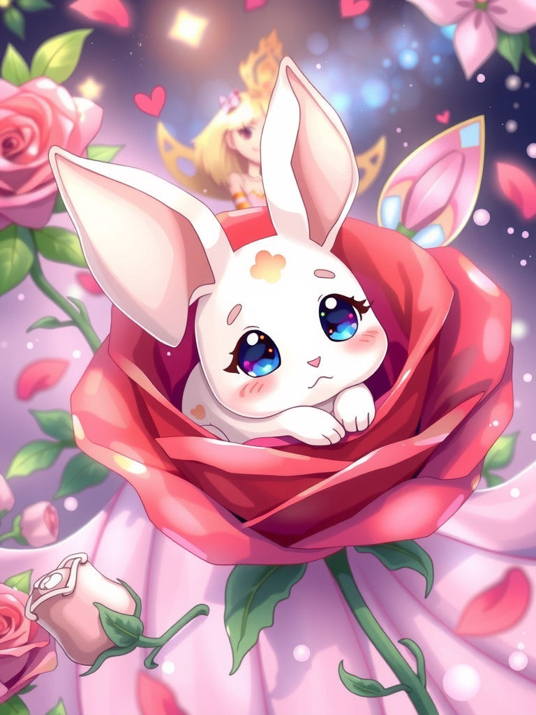 Chibi Rabbit in Rose Held by Fairy Queen