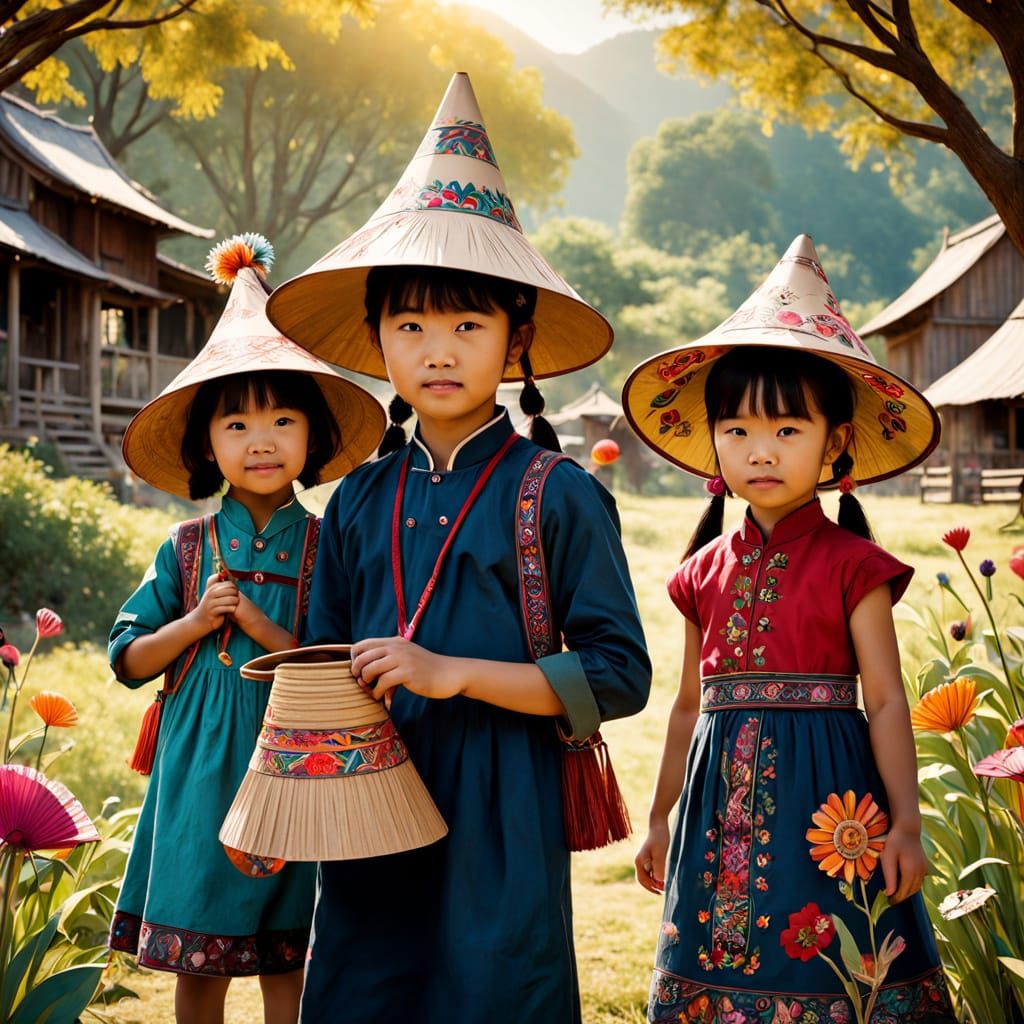 Folk Art Conical Hats in Vibrant Colors at the Hakka Farm Pa...