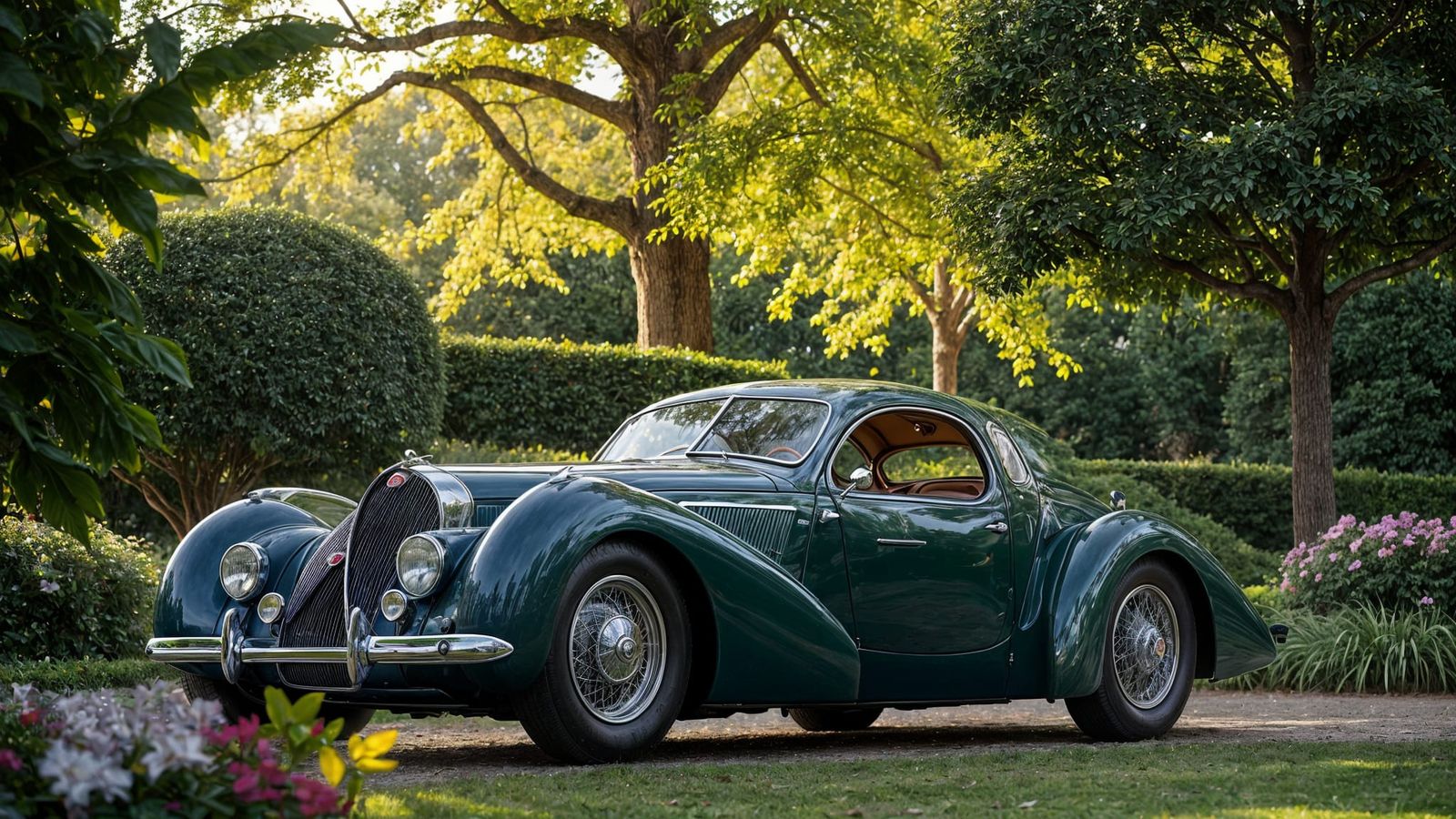 Vintage 1939 Bugatti T64 Coupé Concept in Elegant Garden Set...