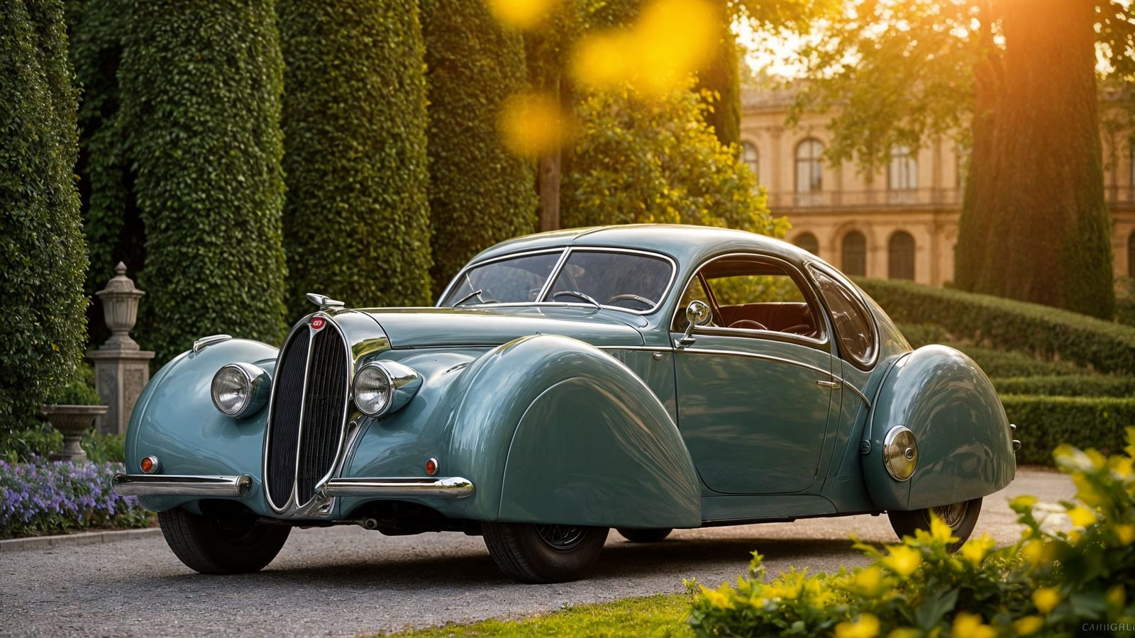 Vintage Bugatti Royale Coupé in a Majestic Garden Setting