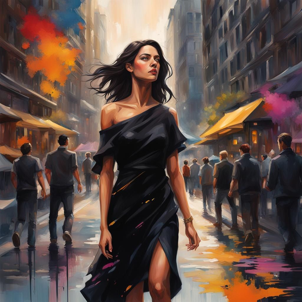 Dark haired woman in a black dress in the city