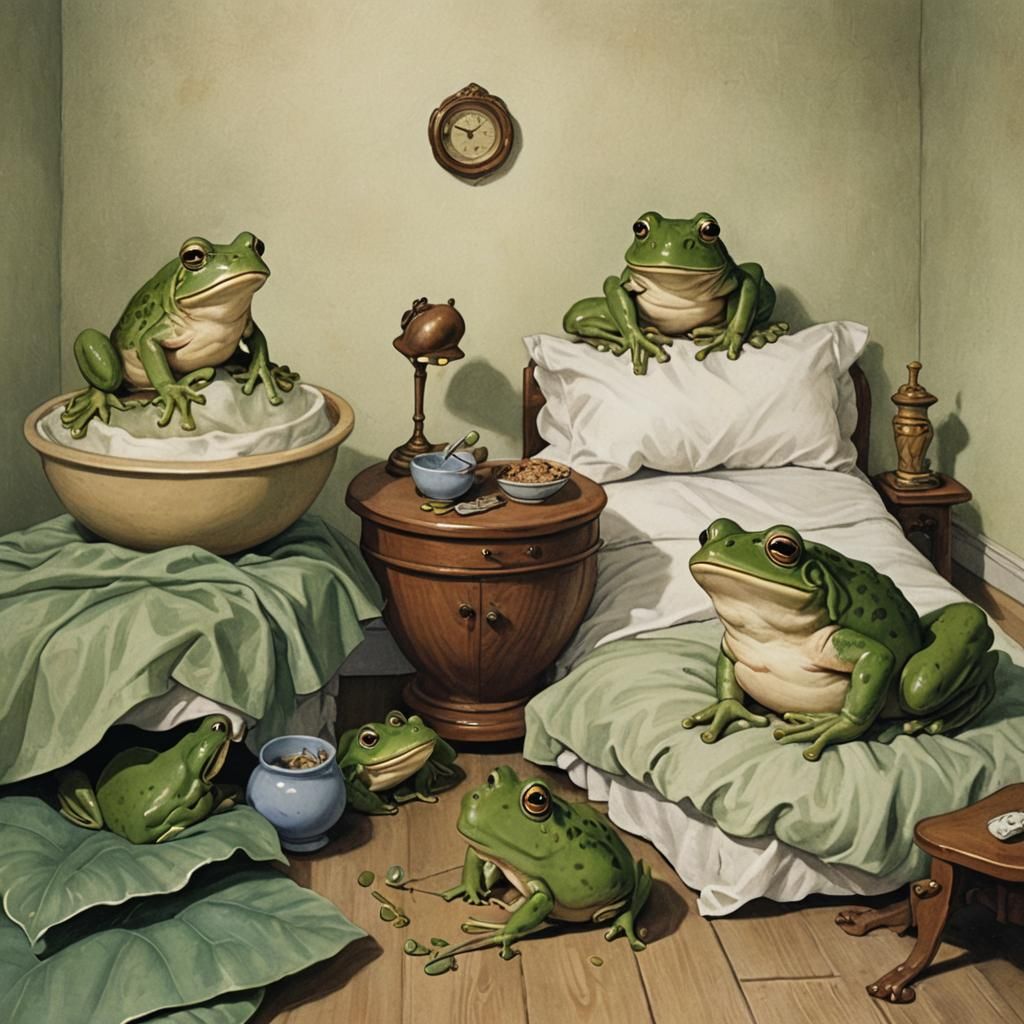 Biblical Plague: Frogs Invade Bedroom Scene