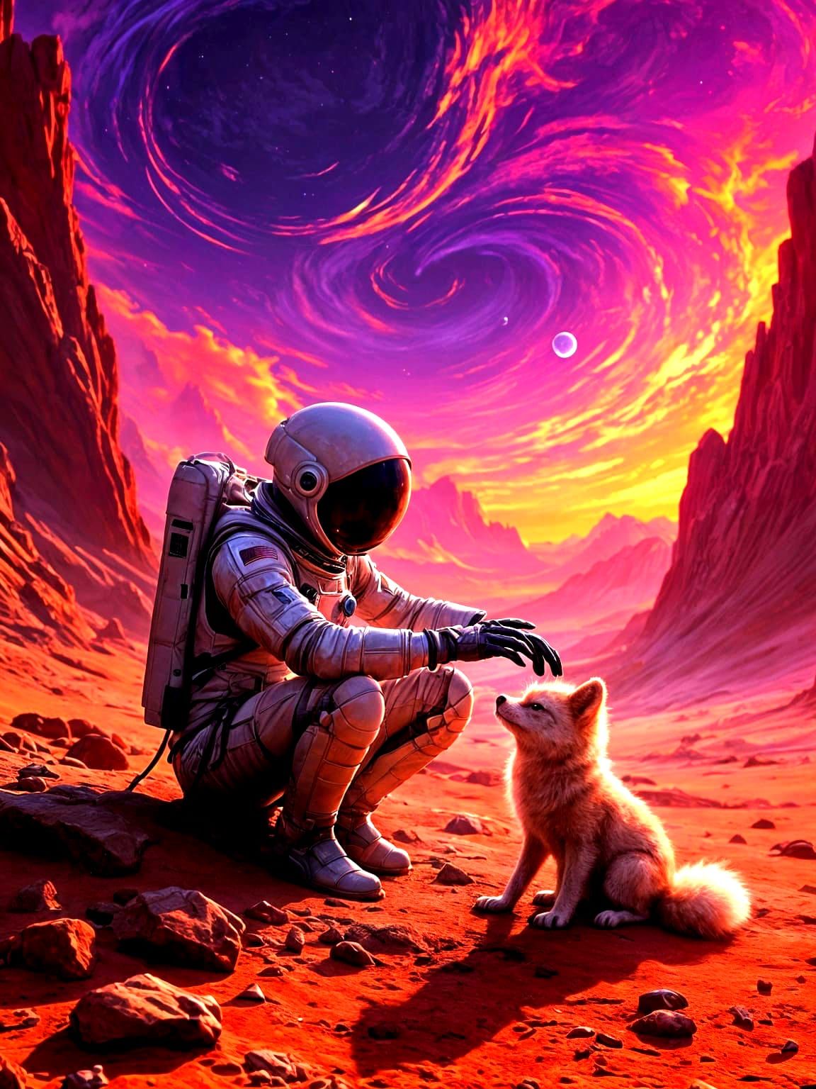 Astronaut Befriends Alien Fox on Crimson Planet