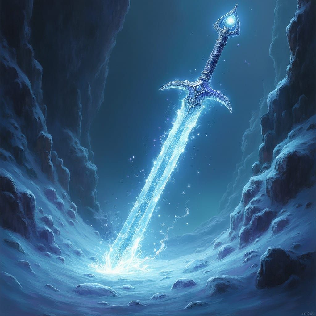 Epic Fantasy Sword Unearthed from Icy Tomb in Rich Colors