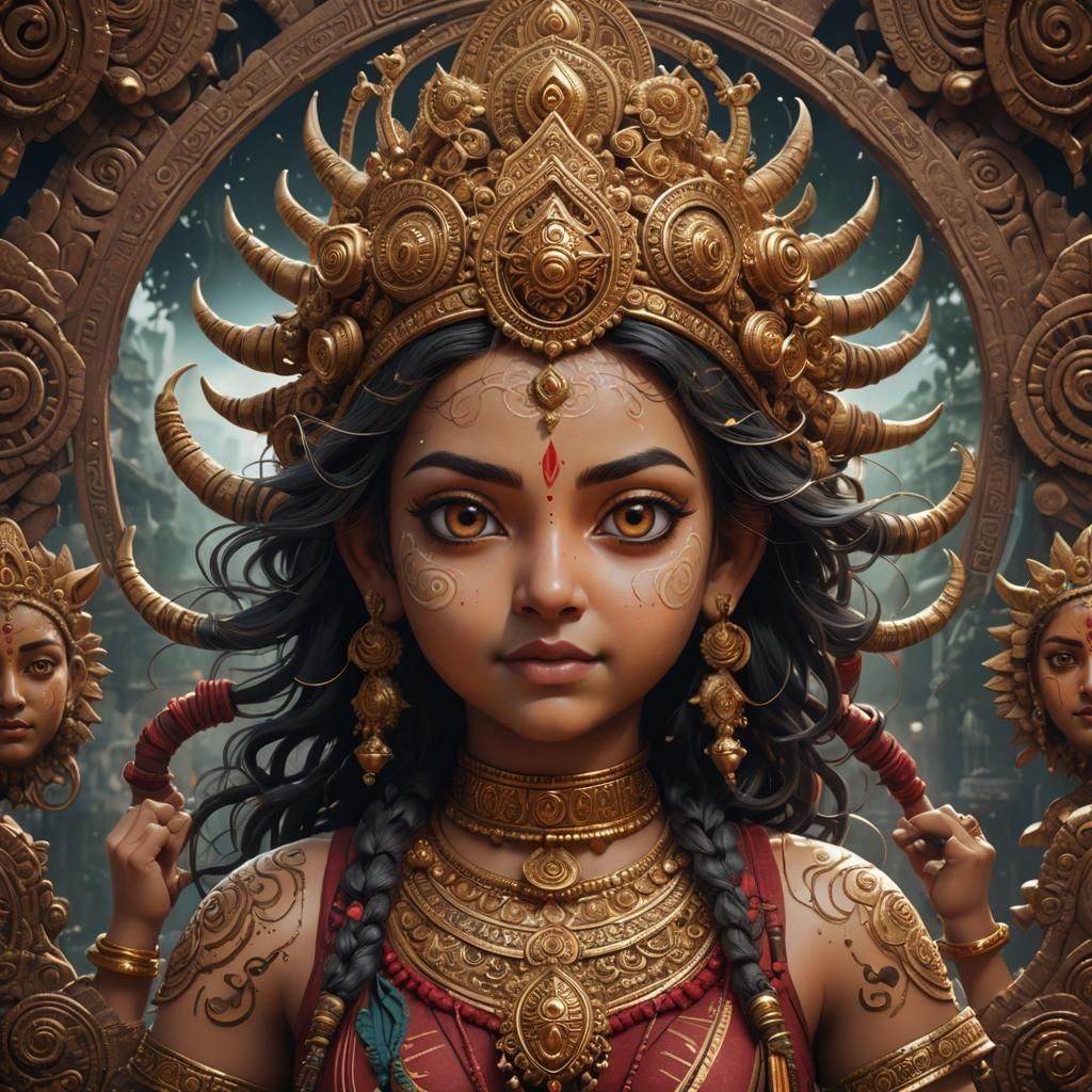 Cute Durga Ji Face in Detailed Matte Painting