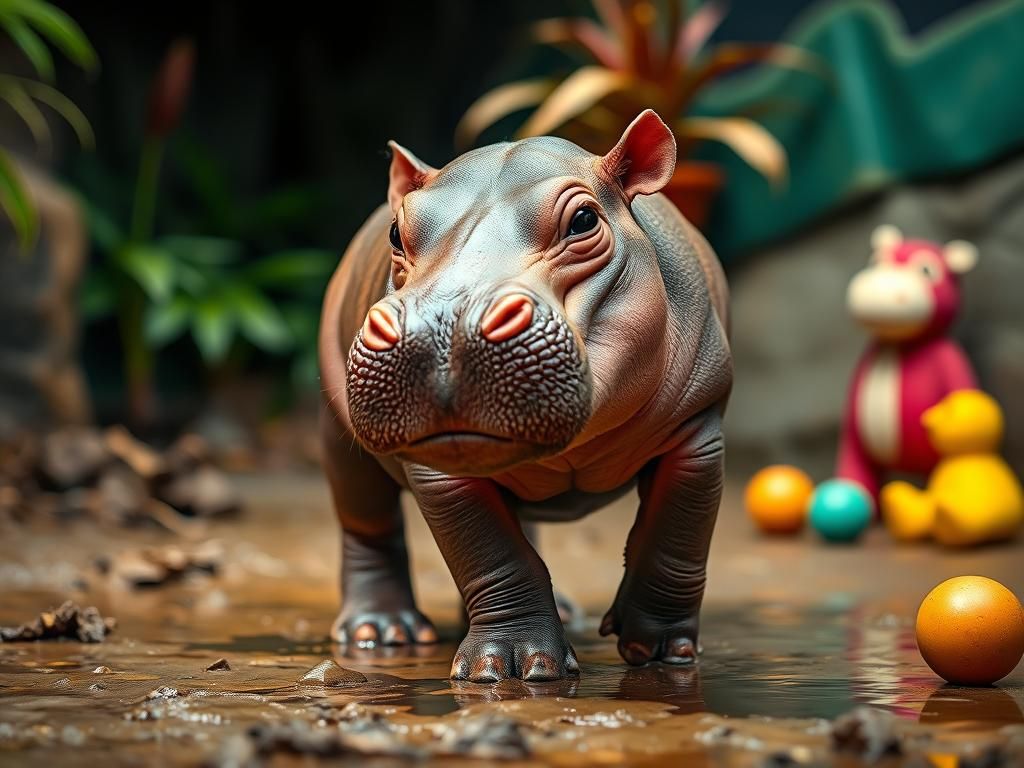 Baby Hippo's First Steps: Photorealistic Wildlife Portrait