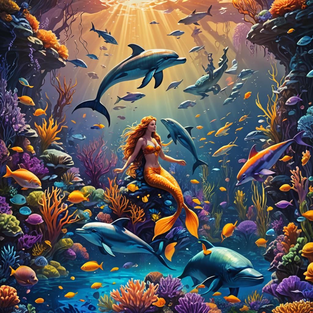 Oceanic Fantasy: Mermaids and Dolphins in a Vibrant Coral Re...