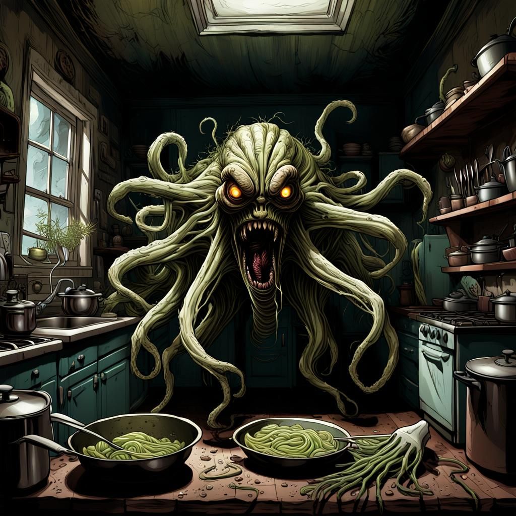 Fennel Monster in a Grimy Kitchen, Horror Comic Art
