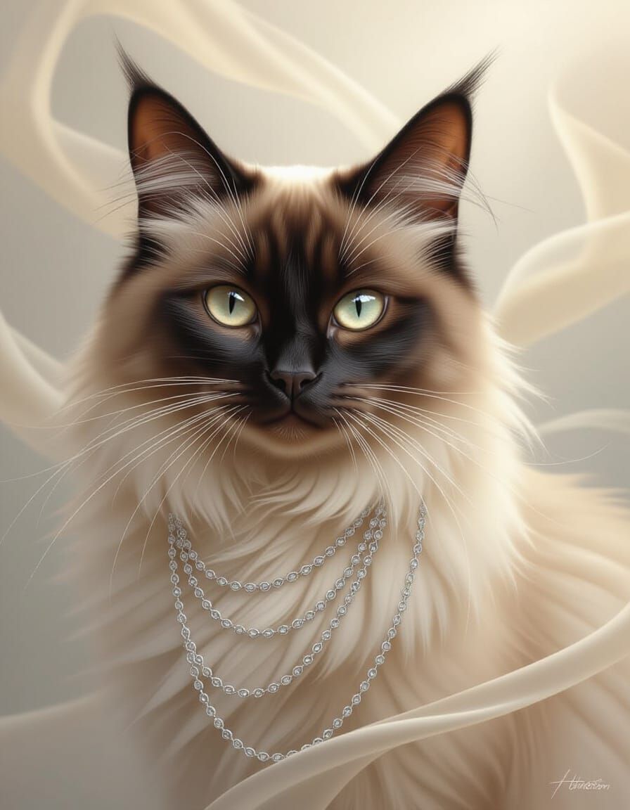 Siamese Cat Portrait in Liquid Silk and Gold