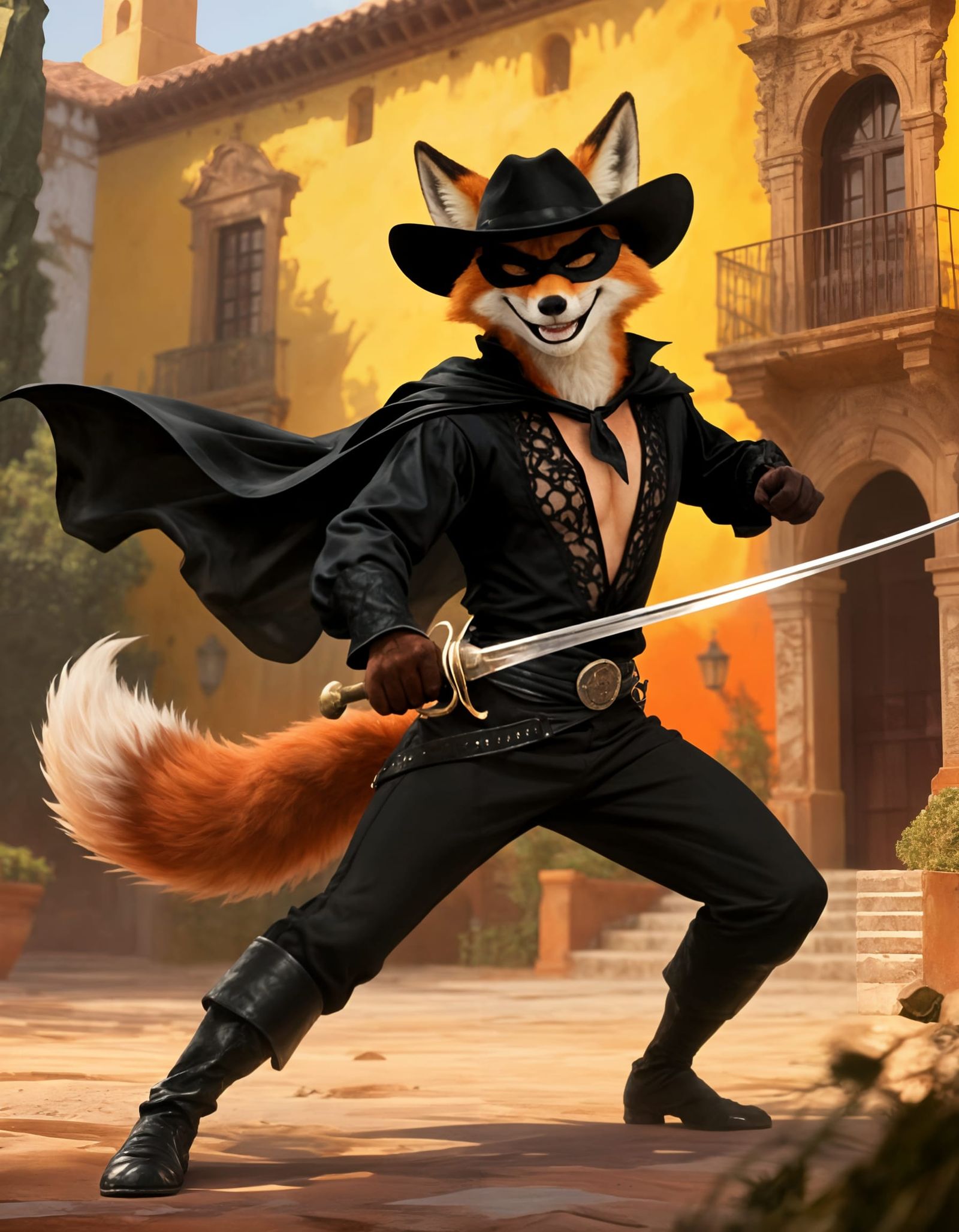 Anthropomorphic Fox Dons Zorro's Suit in Spanish Villa