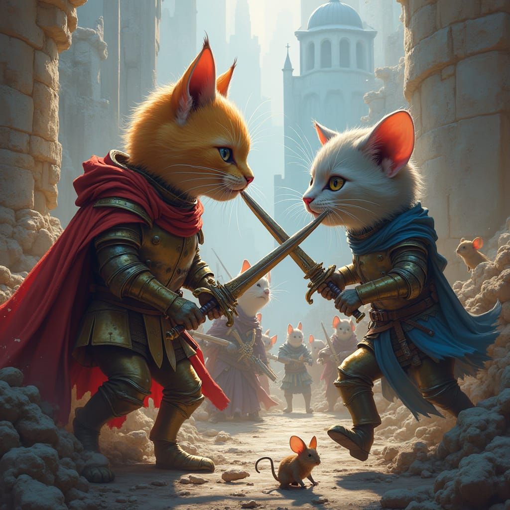 Epic Battle: Armored Cats Versus Mice in Medieval Style