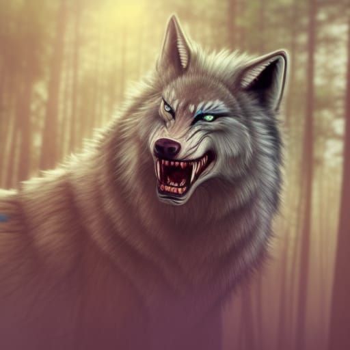 Realistic Mad Wolf with Blue Eyes in Forest