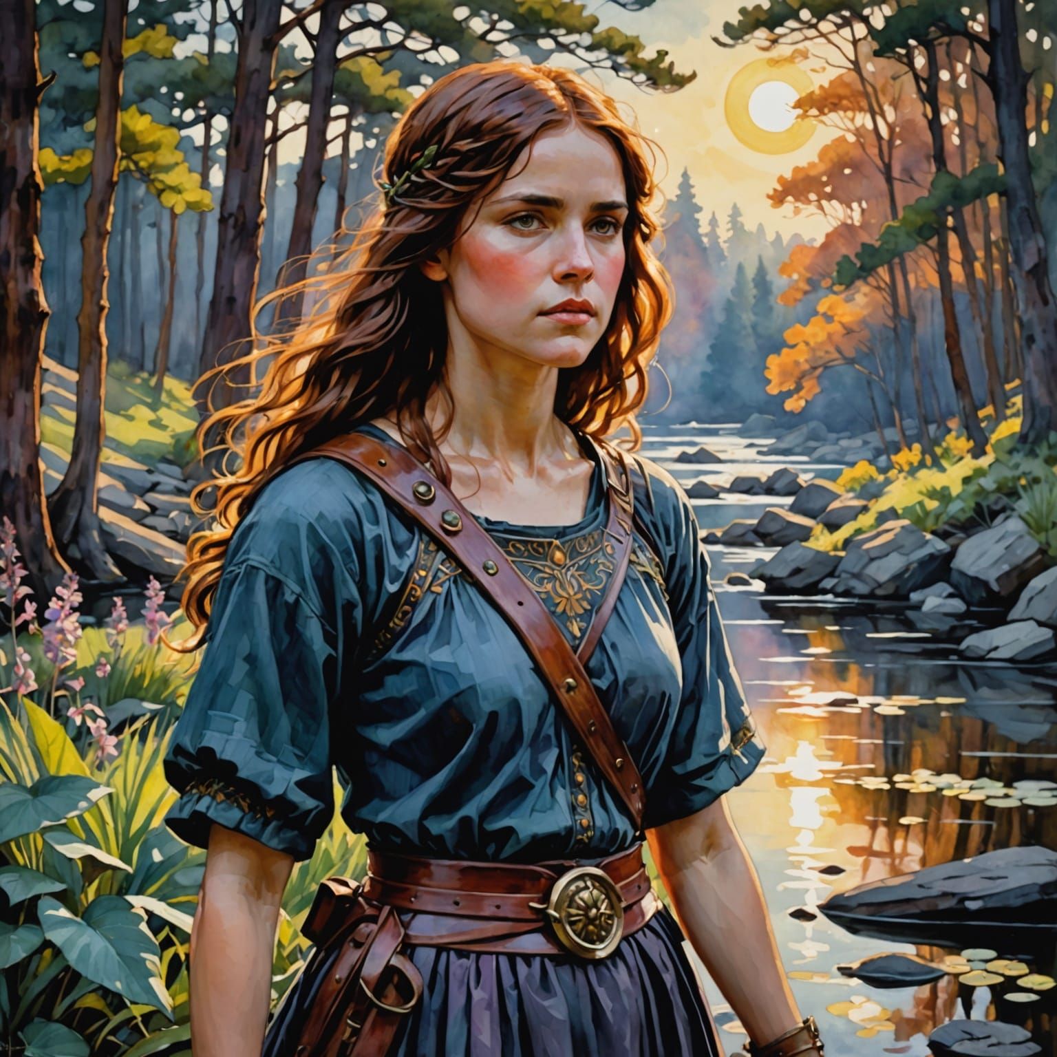 Majestic Old Warrior by Forest Stream in Vibrant Watercolor