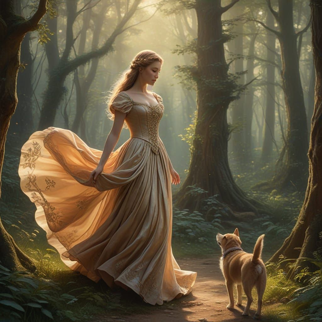 16th Century Ethereal Fantasy Painting of Woman and Dog