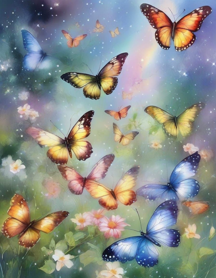 Rainbow Butterflies in Detailed Summer Forest Watercolour