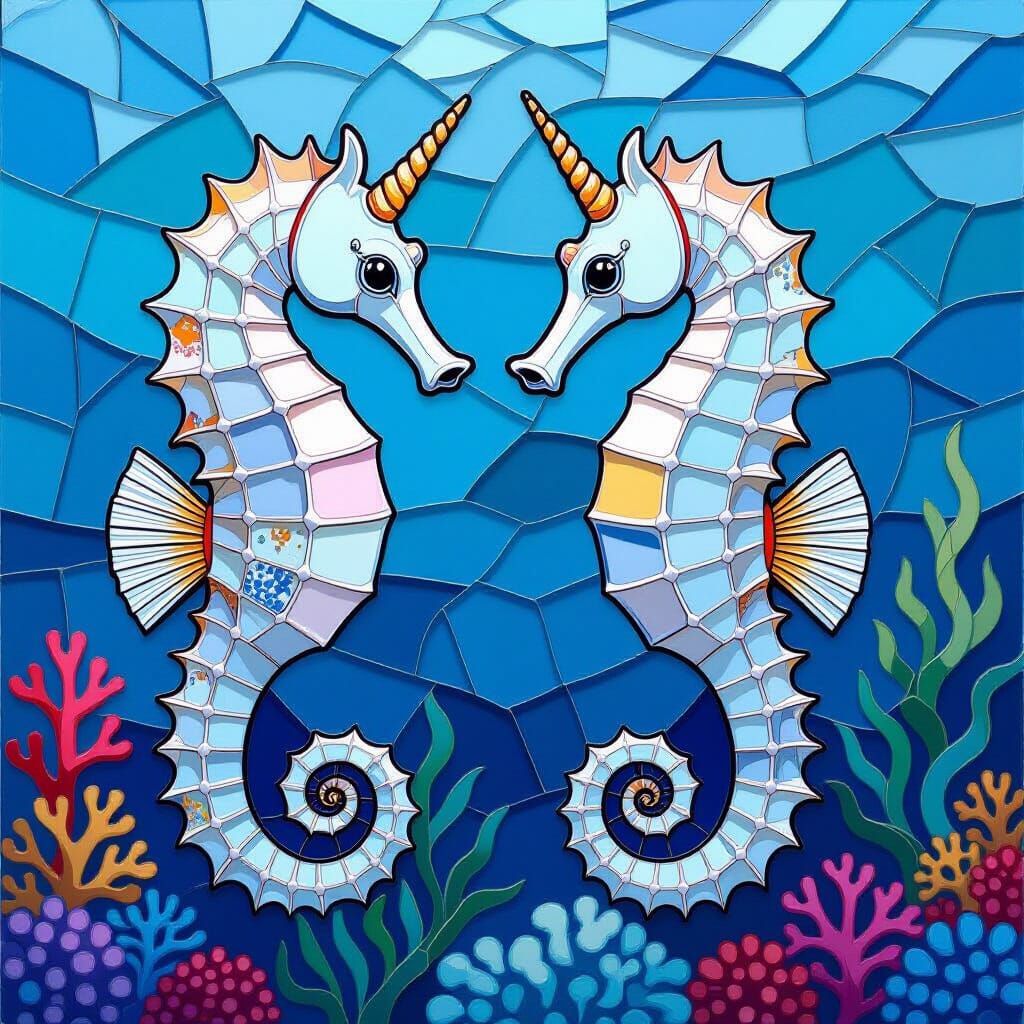 Seahorses Mosaic in Stained Glass Style