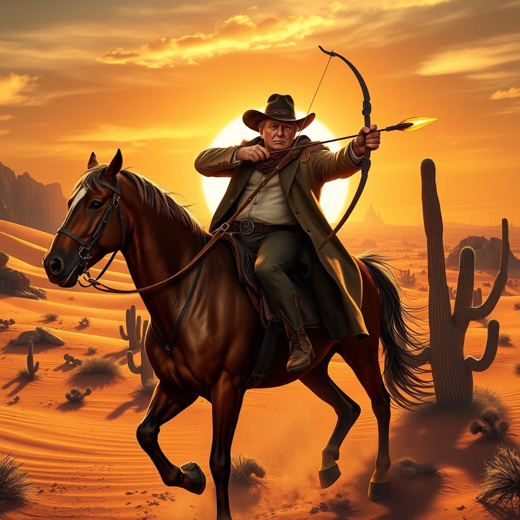 Donald Trump on horseback wild West riding through desert wi...