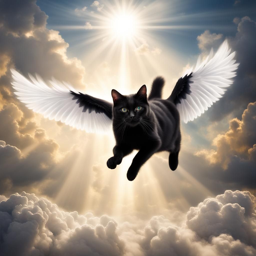 Black Cat Ascends to Heaven with Wings