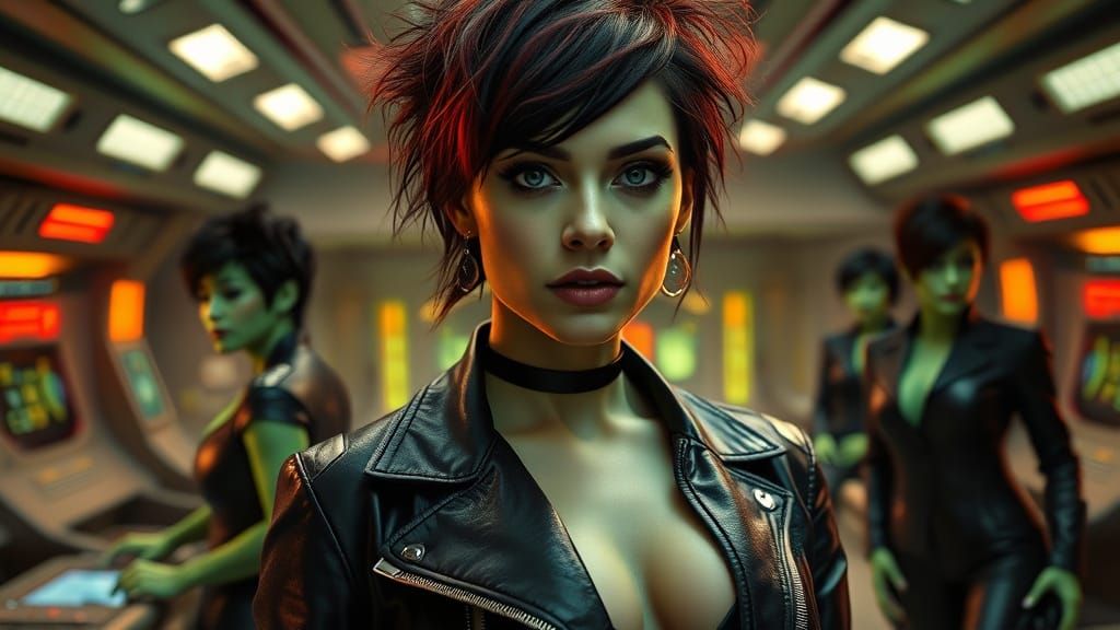 Gritty Cyberpunk Pirate Captain in Neon-Lit Starship Bridge