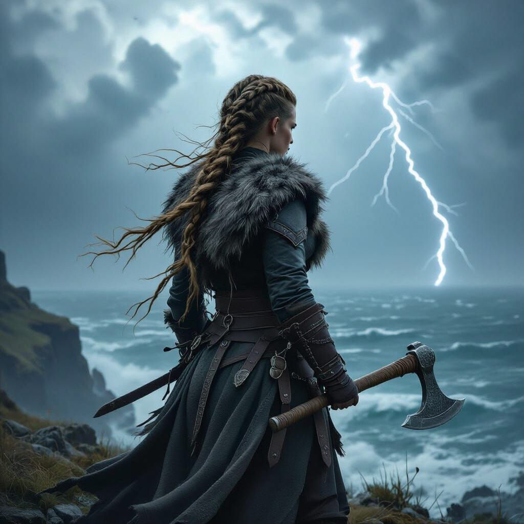 Viking Woman on Stormy Cliff Overlooking Sea