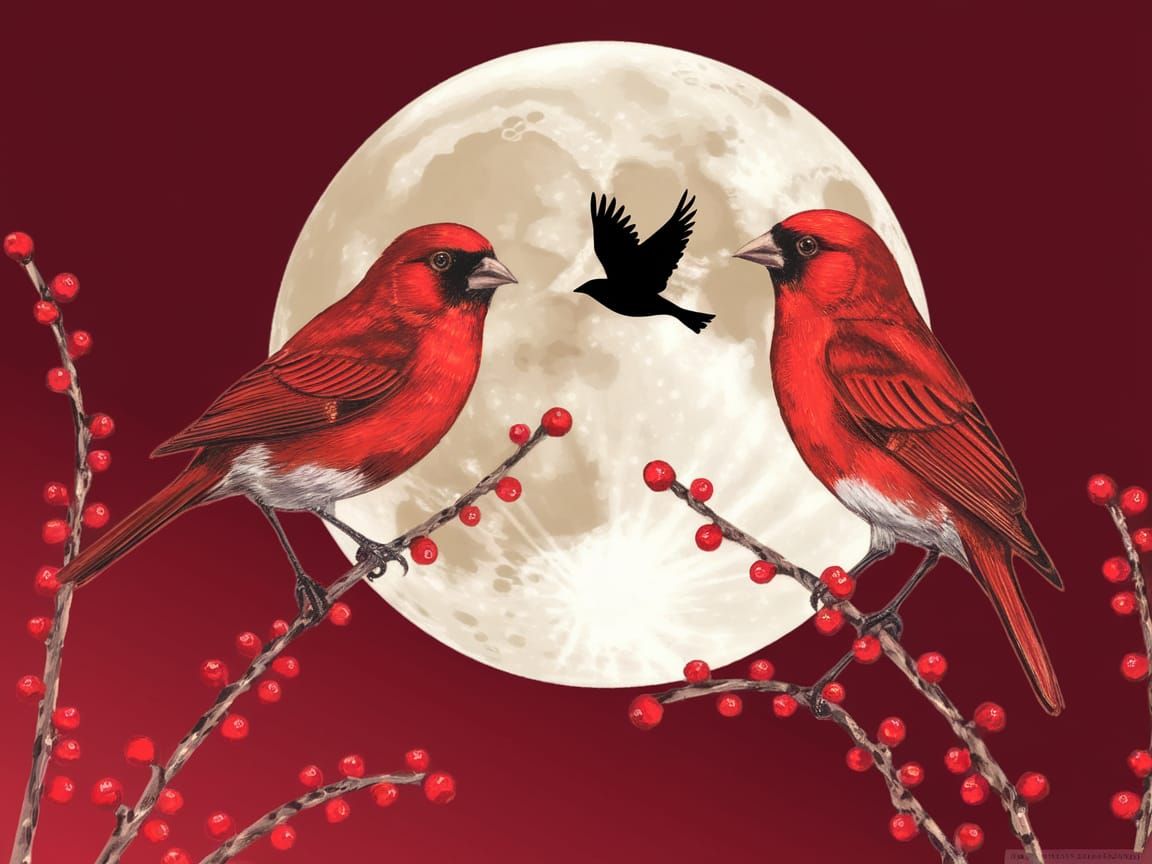 Vibrant Red Birds in Crimson Sky