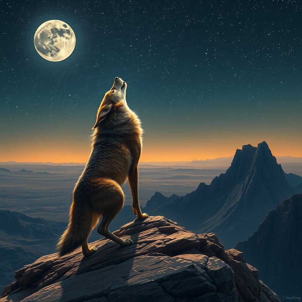 Coyote Howling at Starry Sky: Fantasy Art