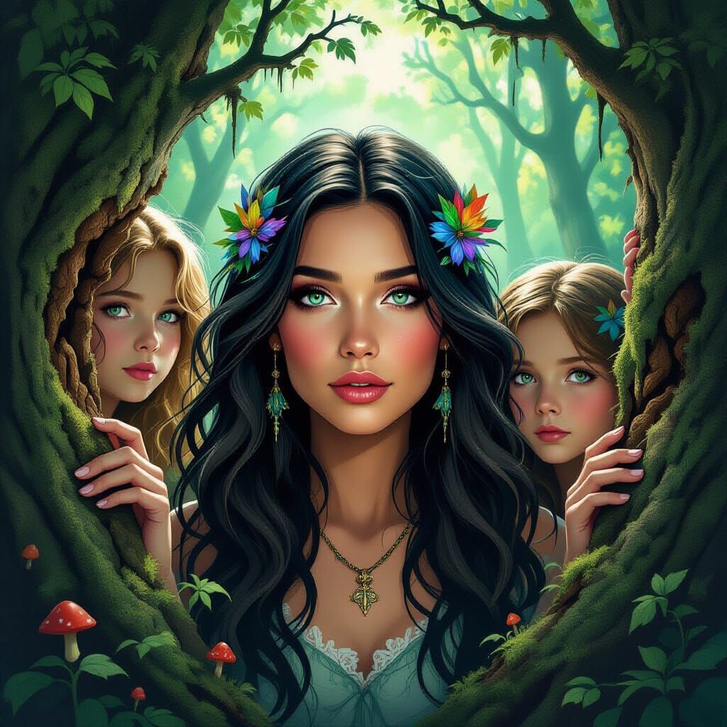 Eldritch Wood Nymphs in Psychedelic Surrealism Style