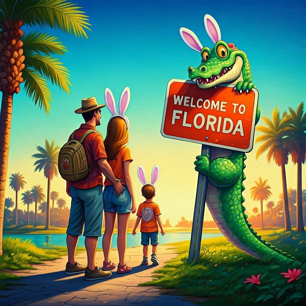 Florida Tourist Photo with Hippie Alligator in Cartoon Style