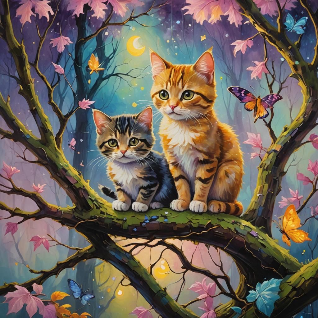 Whimsical Cat and Baby in Fantasy Oil Painting