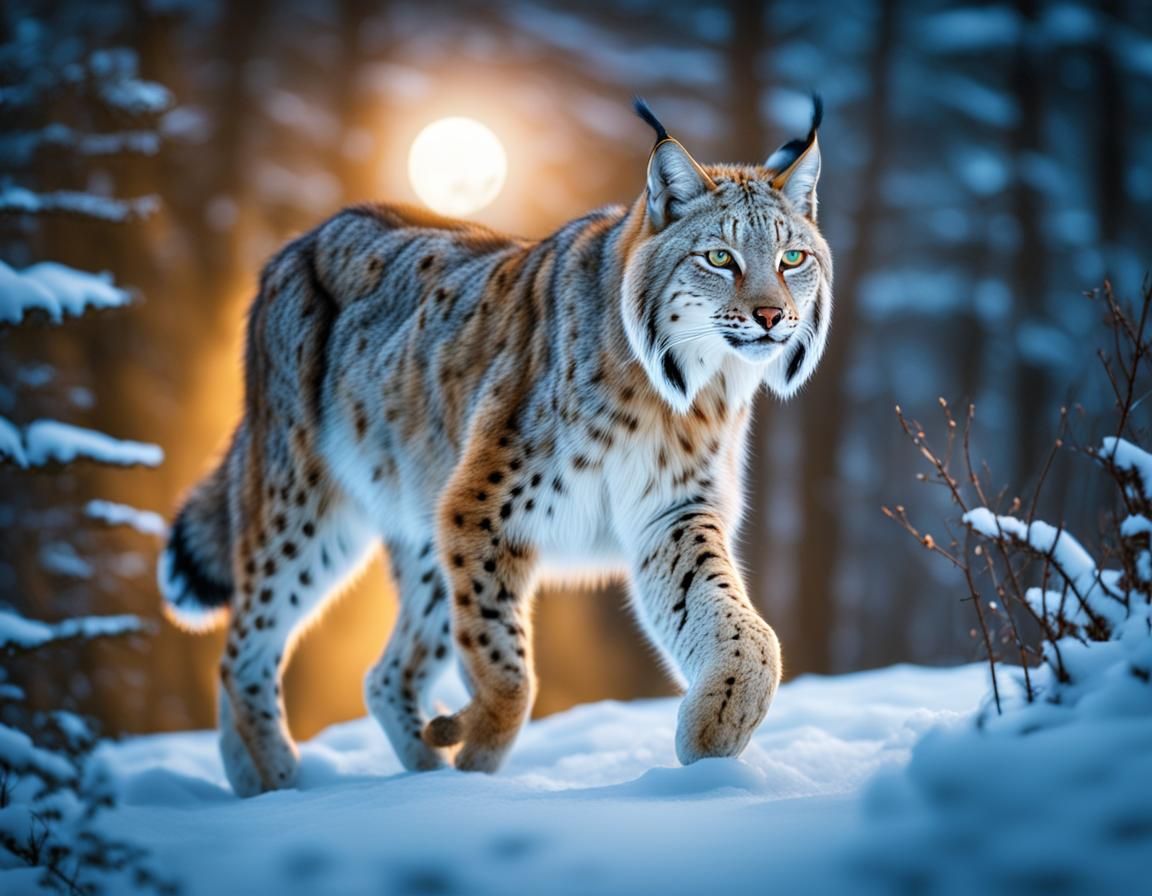 A lynx is hunting in the woods in the snow, night, moon, light reflection on the snow, national geographic, digital art ...