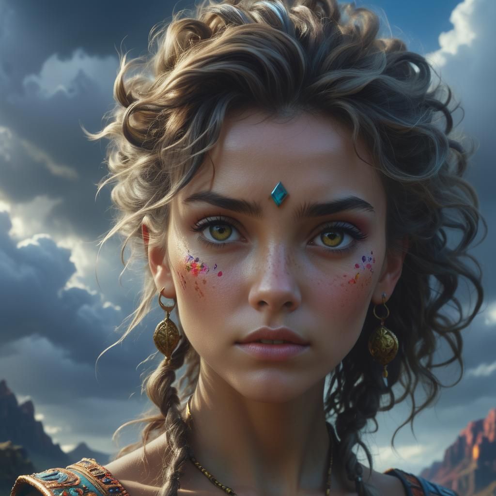 Gorgeous Woman with Wild Hair in Digital Painting