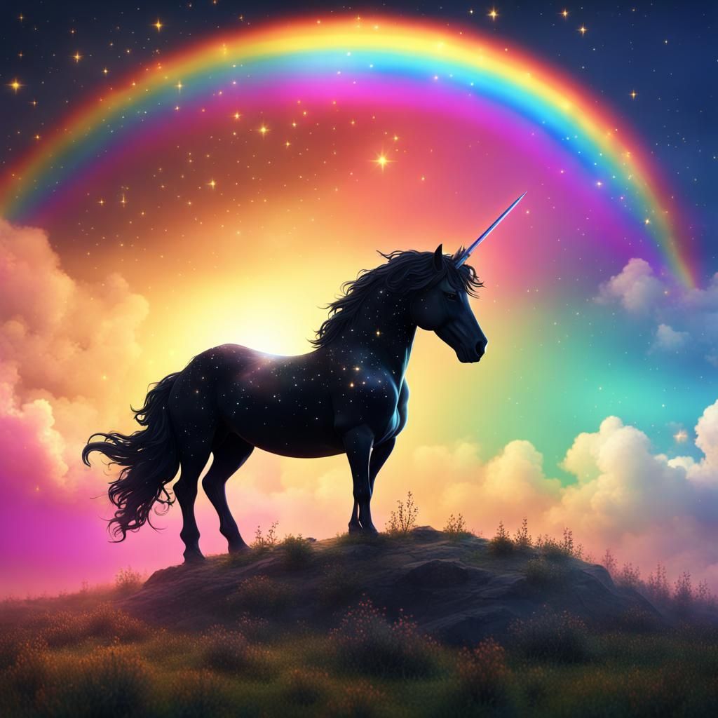 Black Unicorn Silhouette on Rainbow Starry Sky