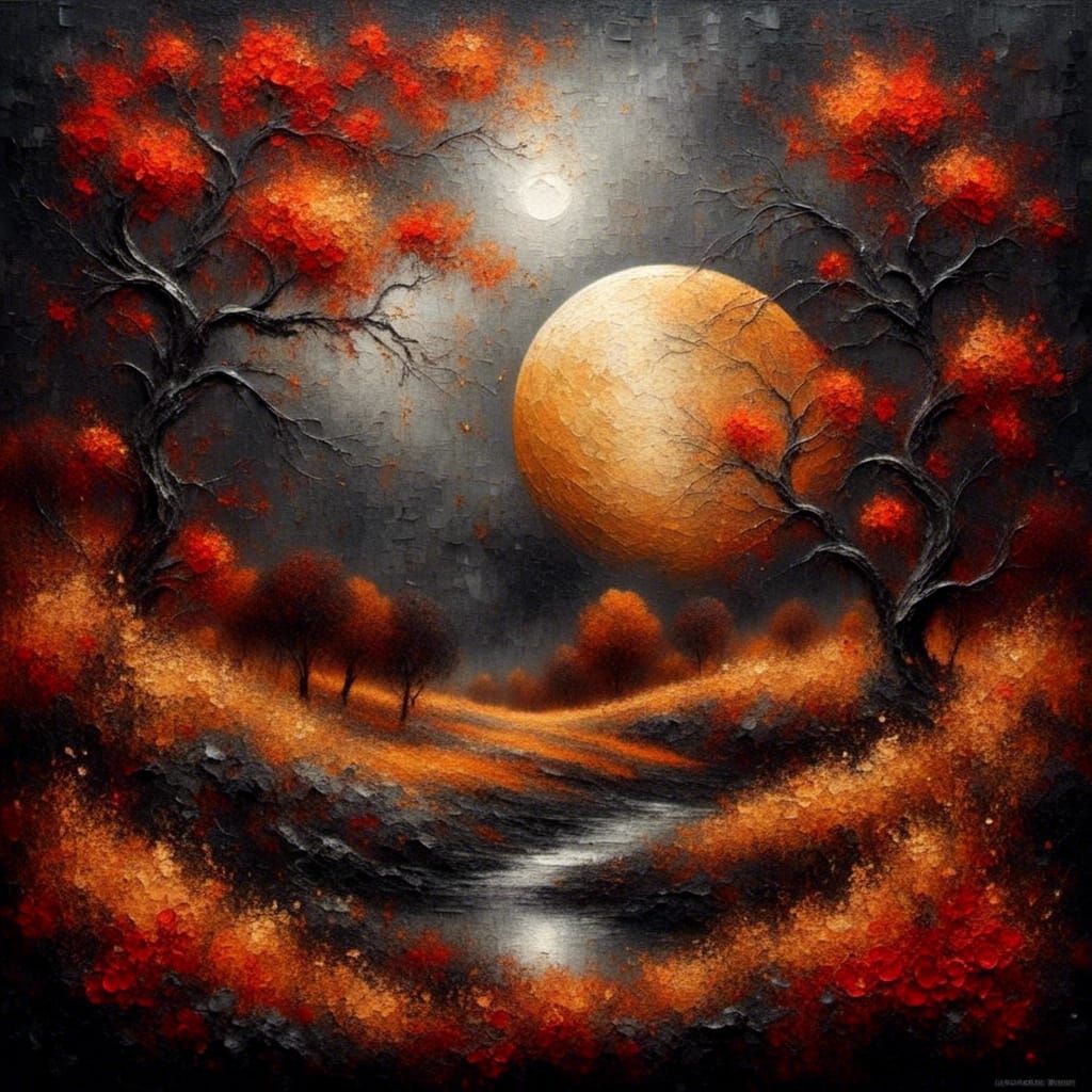 Golden Super Moon over Rococo Autumn Landscape