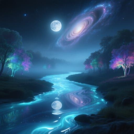 Ethereal Moonlight River Flowing Through Cosmic Landscape