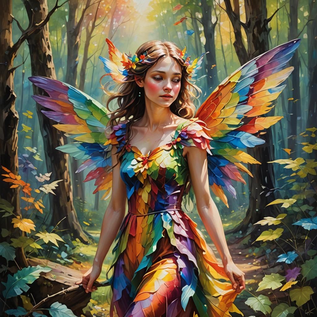 Fairy with Rainbow Wings in Vibrant Oil Painting