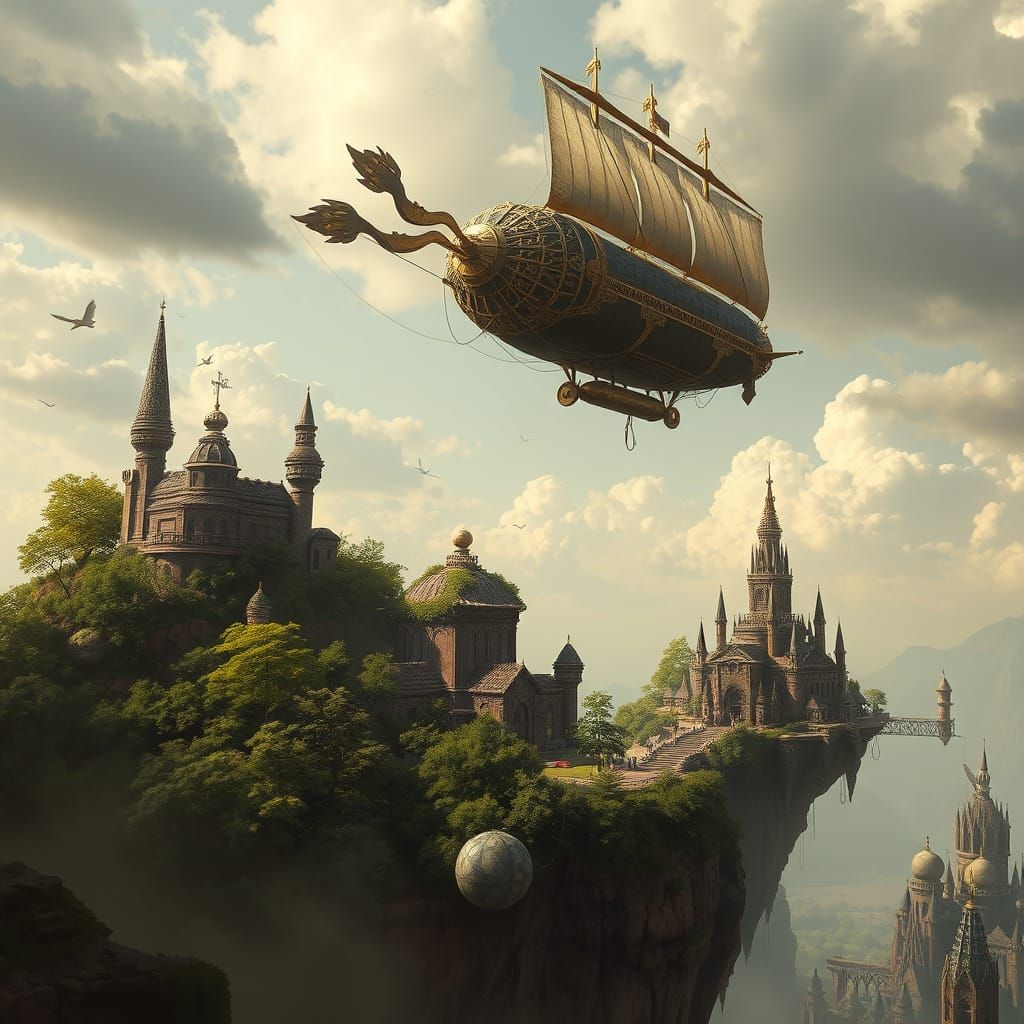 Steampunk Airship Over Floating Island City