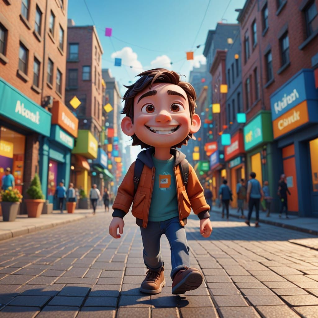 Smiling Square Character Walking in Square City