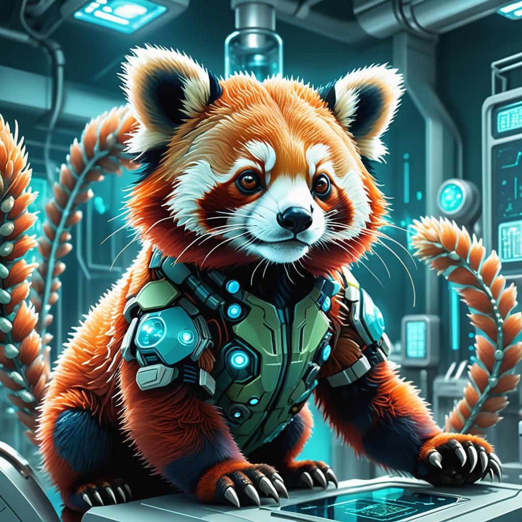 Alien Red Panda Specimen in Futuristic Lab