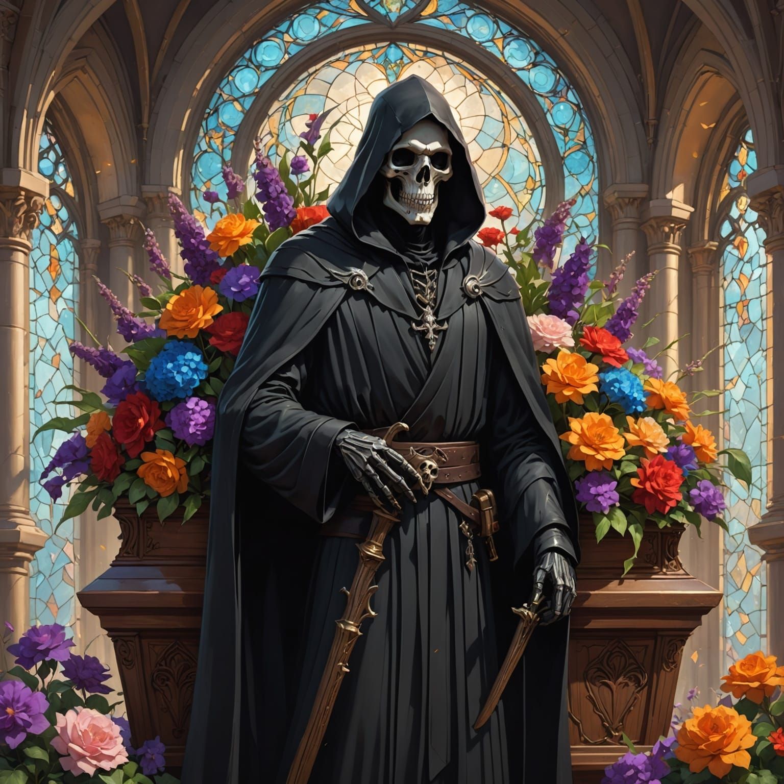 Grim Reaper Portrait with Flowers in Ethereal Lighting